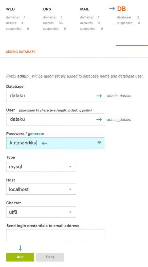 Membuat database di Vestacp